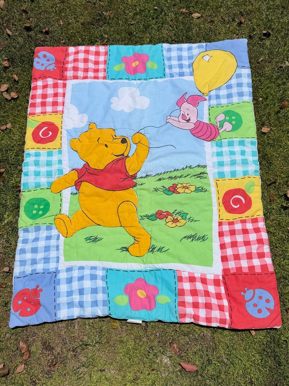 VTG Winnie the Pooh Tigger 90s Crib Toddler Quilt Colorful Flower Ladybug 32x40